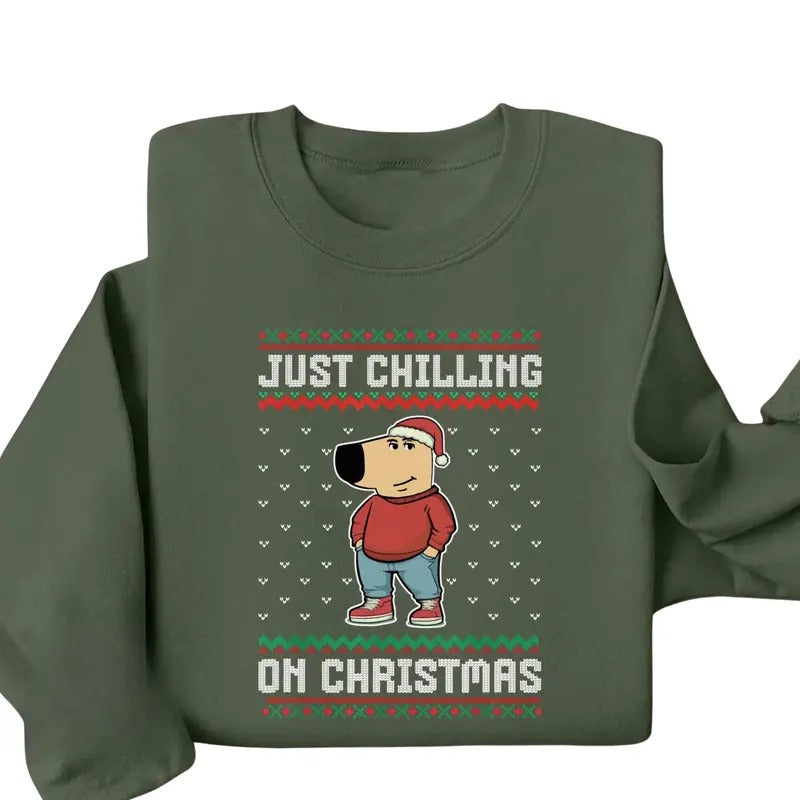 Just Chilling On Christmas Ugly Christmas Sweatshirt - Chill Guy Christmas Shirt - Funny Dog Cartoon Shirt - Tiktok Meme - Christmas Gifts