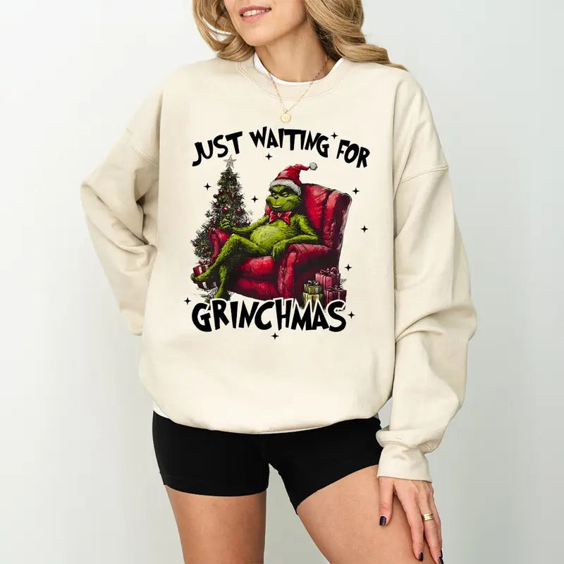 Just Waiting For Christmas Sweathsirt, Christmas Sweathsirt, Funny Christmas Sweathsirt, Retro Christmas Sweathsirt, Grichmas Just Waiting For Christmas Sweatshirt