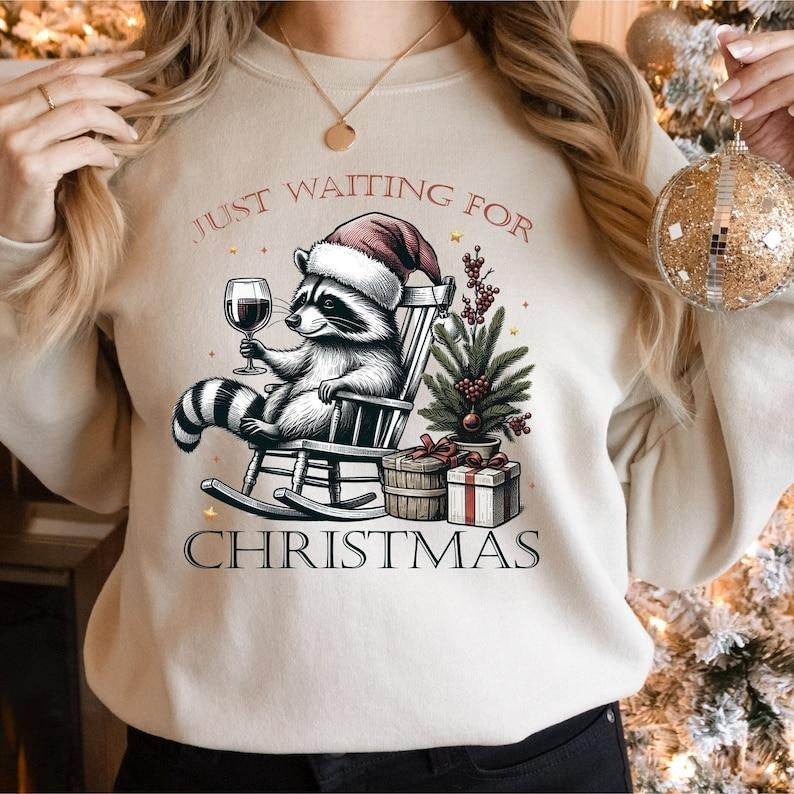 Just Waiting for Christmas Sweatshirts, Christmas Raccoon Hoodie, Christmas Feral Girl Crewneck, Funny Raccoon Xmas Shirt, Holiday  T-shirt, sweater and Hoodie