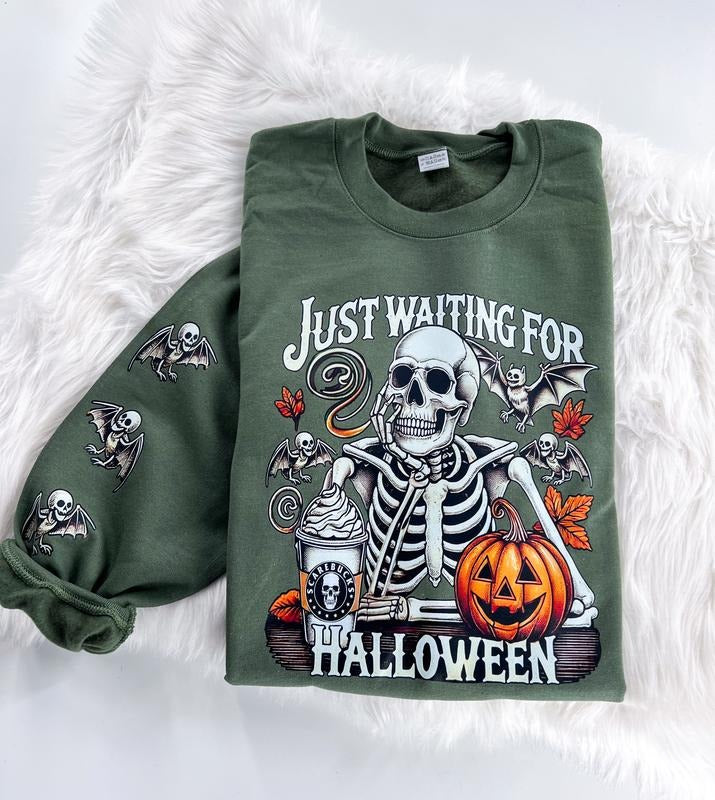Just Waiting for Halloween Skeleton Graphic Sweatshirt Unisex  Womenswear Crewneck Casual Tshirt Top with Sleeve Print Hoodie