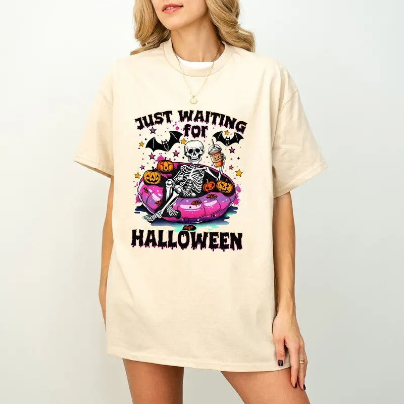 Just Waiting for Halloween T-Shirt, Cute Summerween T-Shirt,  Spooky Summer Halloween Sublimation Design, Skeleton, Funny Halloween T-Shirt, Pumpkin