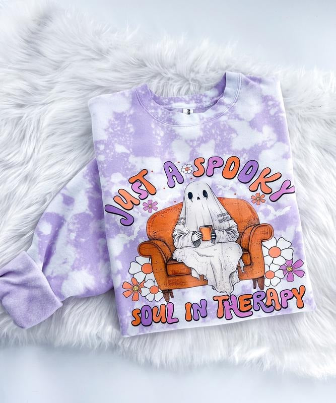 Just a Spooky Soul in Therapy Halloween Ghost Bleached Graphic Sweatshirt or Hoodie Unisex  Womenswear Crewneck Casual...