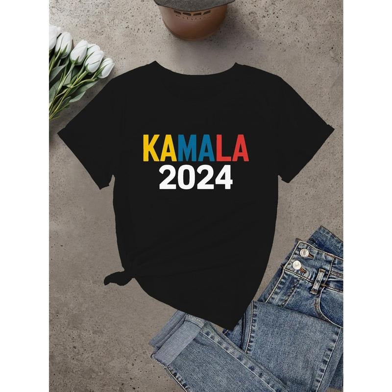 Kamala 2024 Graphic Tee, 100% Crew Neck T-Shirt, Casual Short Sleeve Pullover with Printed Design, Summer Knit Fabric Top...