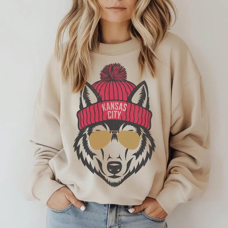 Kansas City Football Sweatshirt, Wolf Mascot Sweater, Trendy Kansas City Fan Shirts, Football Crewneck, Kansas City Hoodie, Game Day