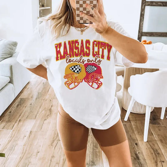 Kansas City Football Tshirt Kansas Local Only Football Tees Kansas Football T-Shirts Womens Football Tops Kansas City Sports Tees Football Sports Tops Crewneck Casual
