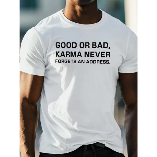 Karma Address Print Men's Round Crew Neck Short Sleeve Tee - Casual Comfy Lightweight Top for Summer Made in USA