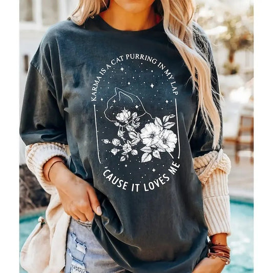 Karma Is a Cat Purring In My Lap Cause It Loves Me Shirt, Funny Cat Shirt, Karma Is A Cat Shirt, Animal ShirtLover Cotton Crewneck  Shortsleeve