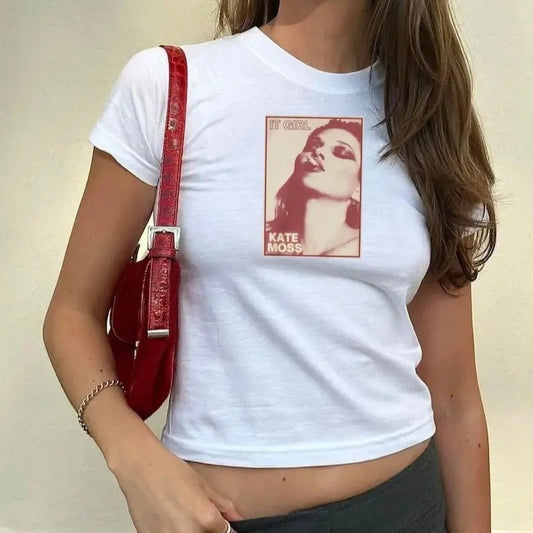 Kate Moss Baby Tee, 90s Grunge Baby Tee, Vintage Style Tee Cotton Fashion