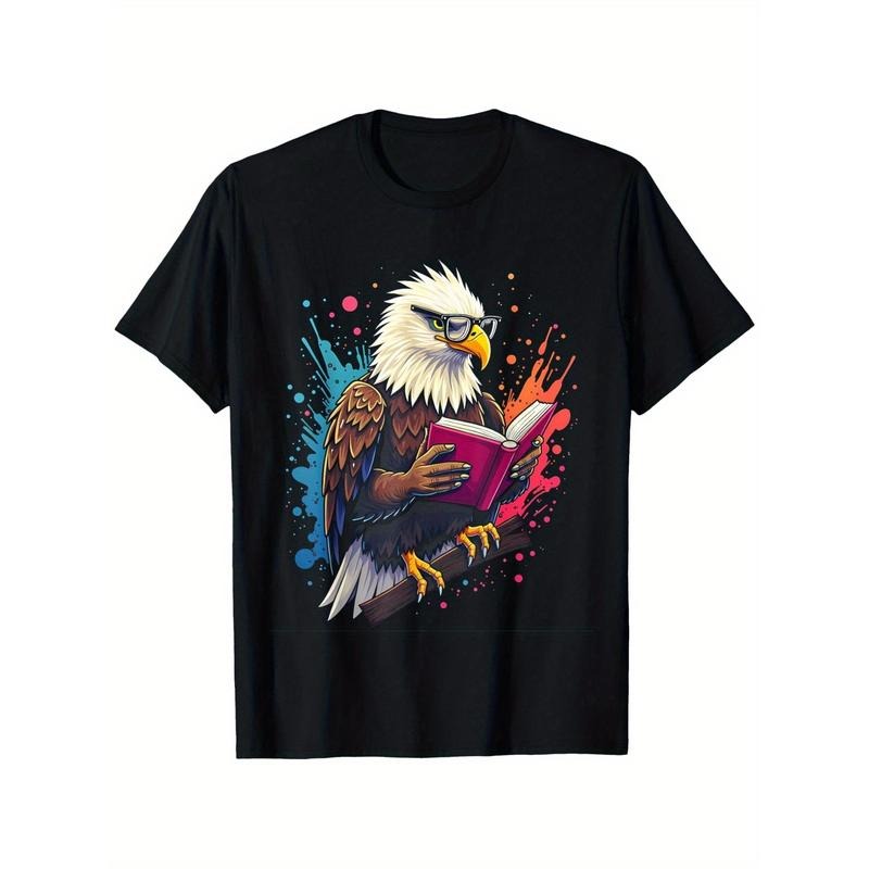 Kawaii Eagle Bookworm T-Shirt, 100% Cotton Crew Neck Casual Printed Tee, All-Season Comfortable Breathable Fabric, Unisex Gift for Thanksgiving Christmas New Year Made in USA