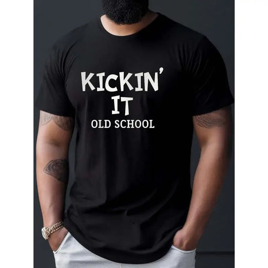Kickin' It Old School Print T Shirt, Tees For Men, Casual Short Sleeve T-shirt For Summer Made in USA