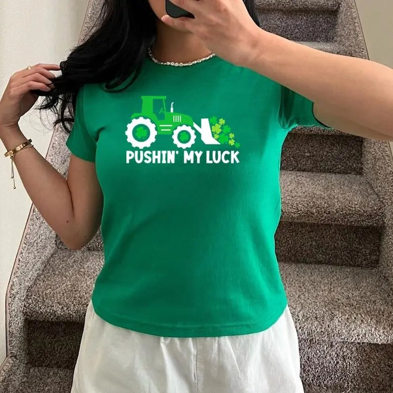 Kids St Patrick's Day,Funny St Paddys Shirt,Tractor Shirt, Pushing My luck Shirt, Shamrock Baby Tee For Women for Kids, St Patty's Day Gift, Clover Baby Tee For Women 2