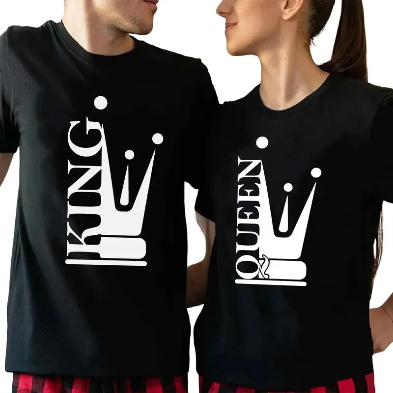 King And Queen Husband Wife Couple Matching TShirt Cotton Fabric Casual Streetstyle Crew Neck Short Sleeve T-Shirt Trendy Tops for Women for Men, Date Gifts