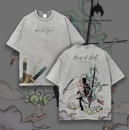 "King FOG Mouthless cat" Zoro Anime Double Printed Vintage Washed Tee Unisex Oversize Anime Manga Washed Lightweight...