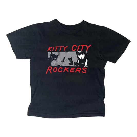 Kitty City Rockers Baby Tee, Gothic Emo Girl Top, Vintage Women Streetwear, Summer Girl Top, Casual Cotton Short Sleeve, Women Fitted T-Shirt