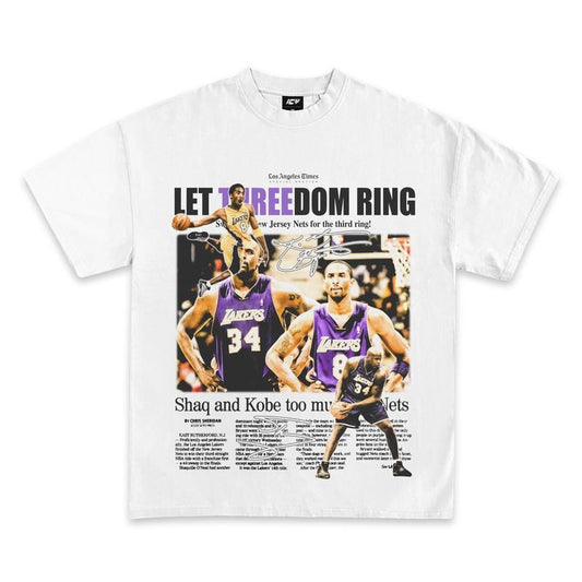 Kobe and Shaq Threedom Rings Newspaper Graphic T-Shirtstyle{n002}2