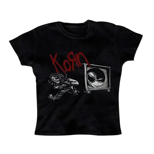 Korn Baby Tee, Vintage Women Letter Print Casual Short Sleeve T-Shirt, Clothes 2000s, Y2k Top Women Streetwear, Emo Girl Tops, Grunge 2000s, Gift For Her, Punk Style, Grunge Baby Tees