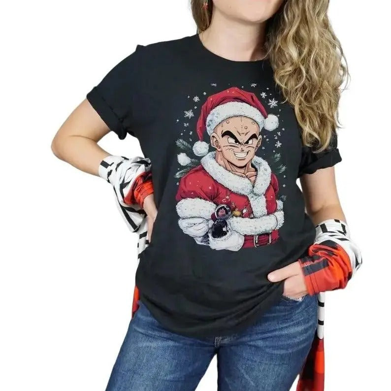 Krillin Anime Dragon Ball, DBZ Krillin Christmas Tee, X-mas, Krillin Santa Hat, Goku, Vegeta, Anime, Krillin, Christmas Tee Shirts For Him