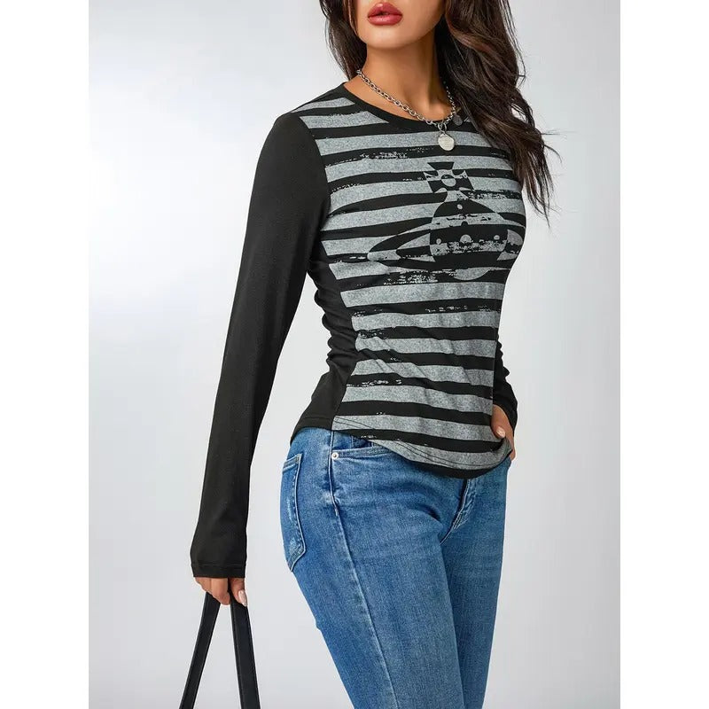 Female Casual Tops, Striped Round Neck Long Sleeve Pullover Blouse for Spring Autumn, S/M/L Breathable Polyester
