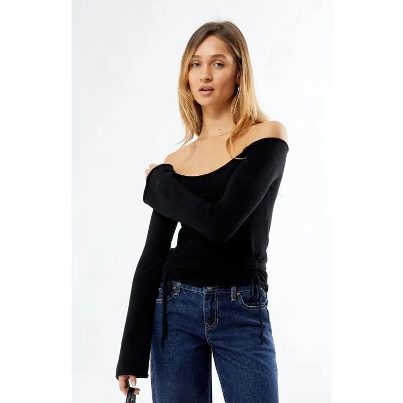 LA Hearts Women's Carrie Cinched Off-The-Shoulder Sweater T-Shirts, Hoodie, Sweatshirt | DripVista.com