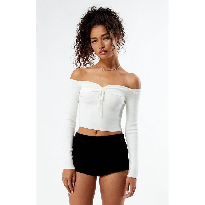 LA Hearts Women's Off The Shoulder Tie Front Sweater T-Shirts, Hoodie, Sweatshirt | DripVista.com
