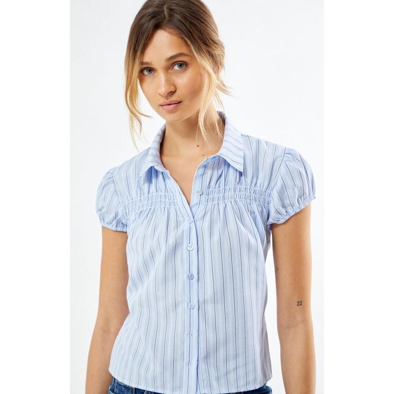 LA Hearts Women's Pinstripe Button Down Short Sleeve Shirt Hoodie, Sweatshirt | DripVista.com