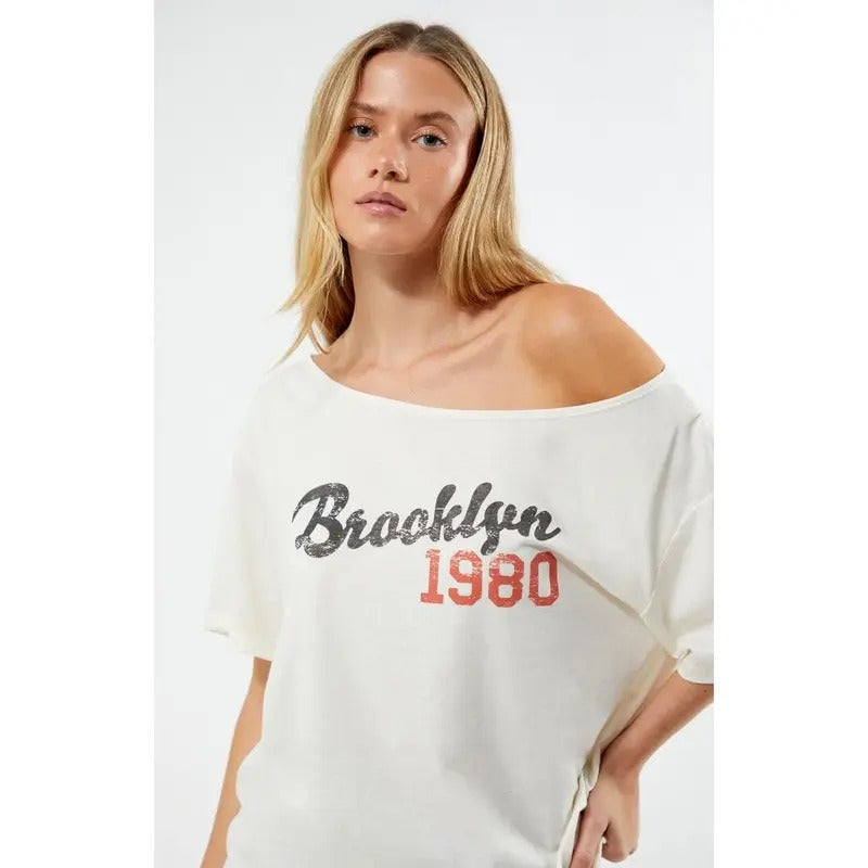 PS / LA Women's Brooklyn 1980 Off-The-Shoulder T-Shirt Hoodie, Sweatshirt | DripVista.com
