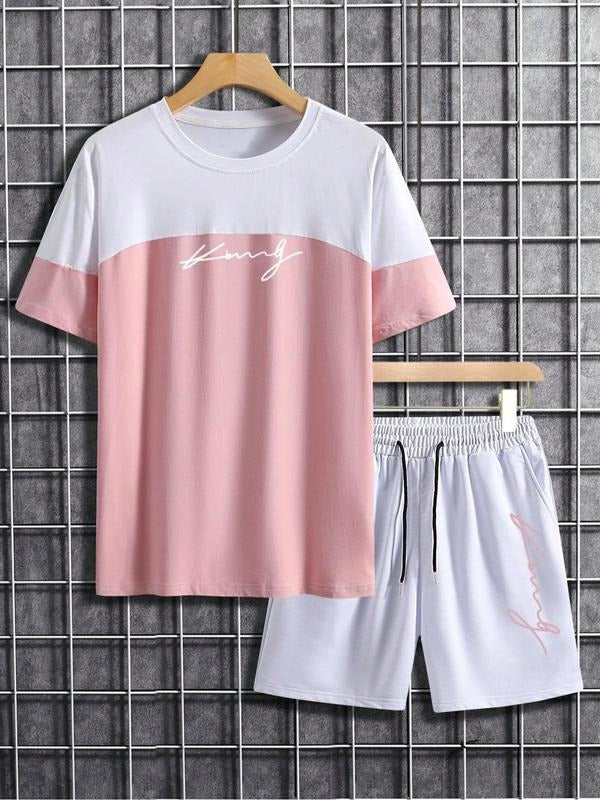 LGBTQ+ Men'WB shield Colorblock Letter Print Drawstring Pyjamas Set, Regular Fit Casual Short Sleeve T-shirt & Pocket Shorts, Men'WB shield Sleepwear for Daily Wear