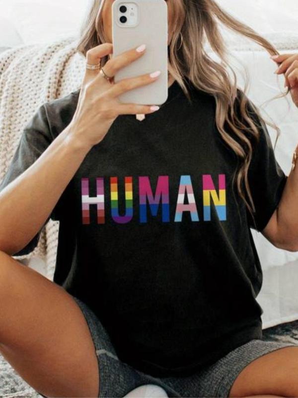 LGBTQ+Women'WB shield Colorful Striped Letter Print Round Neck Graphic Tee, Vintage Trendy Casual Short Sleeve T-shirt...
