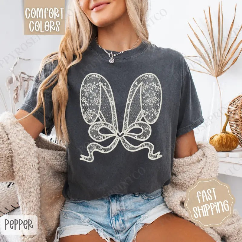 Lace Bunny Ears Shirt Comfort Colors, Easter Tshirt, Trendy Bunny Women's Tee, Gift for Her Hoodie, Sweatshirt