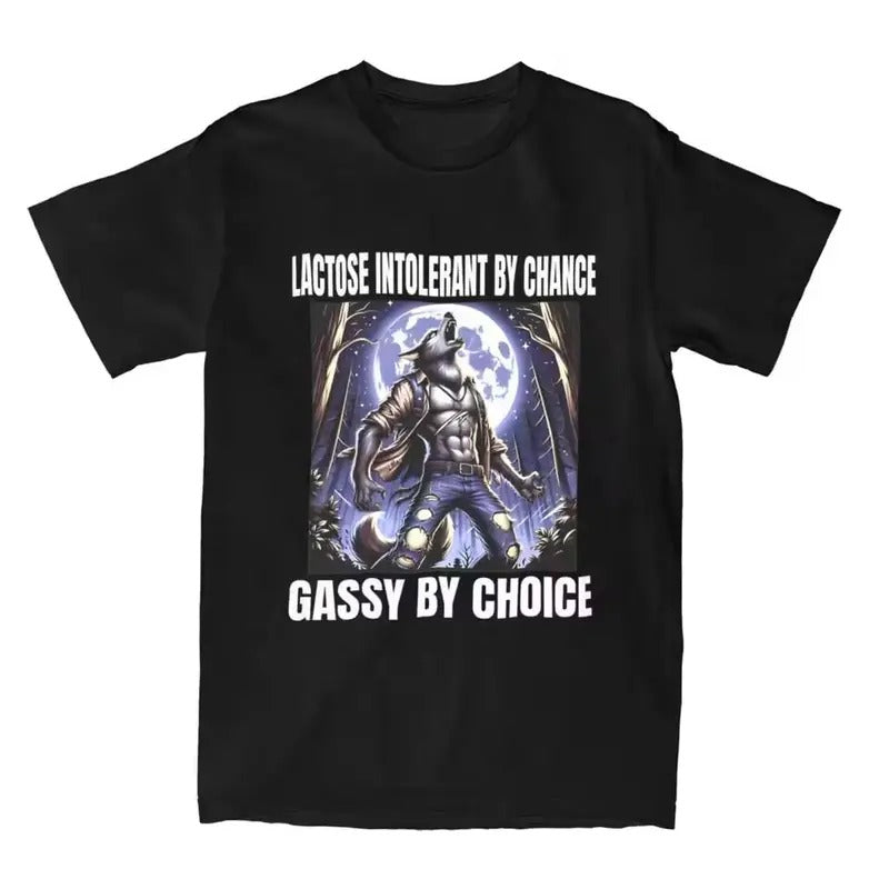 Lactos Intolerant Door Kans Gassy Door Keuze Wolf Meme Vintage Graphic T-shirt, Mannen Katoenen Kleding Grappige Ronde...