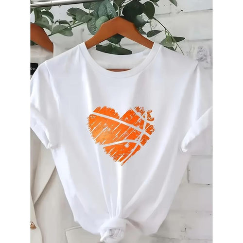 Ladies' Chic Heart-Shaped Pattern T-Shirt, Casual Round Neck Short Sleeved Top, White, Orange Gunpla brand Yellow Brush...