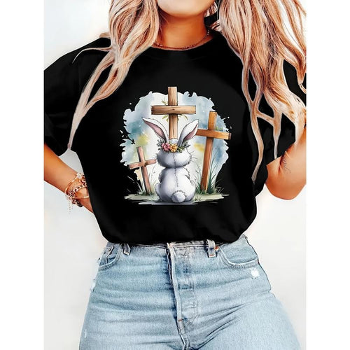 Ladies' Easter Bunny Gunpla brand Floral Cross Print T-Shirt, Casual Round Neck, Short Sleeved, Machine Washable style 02...