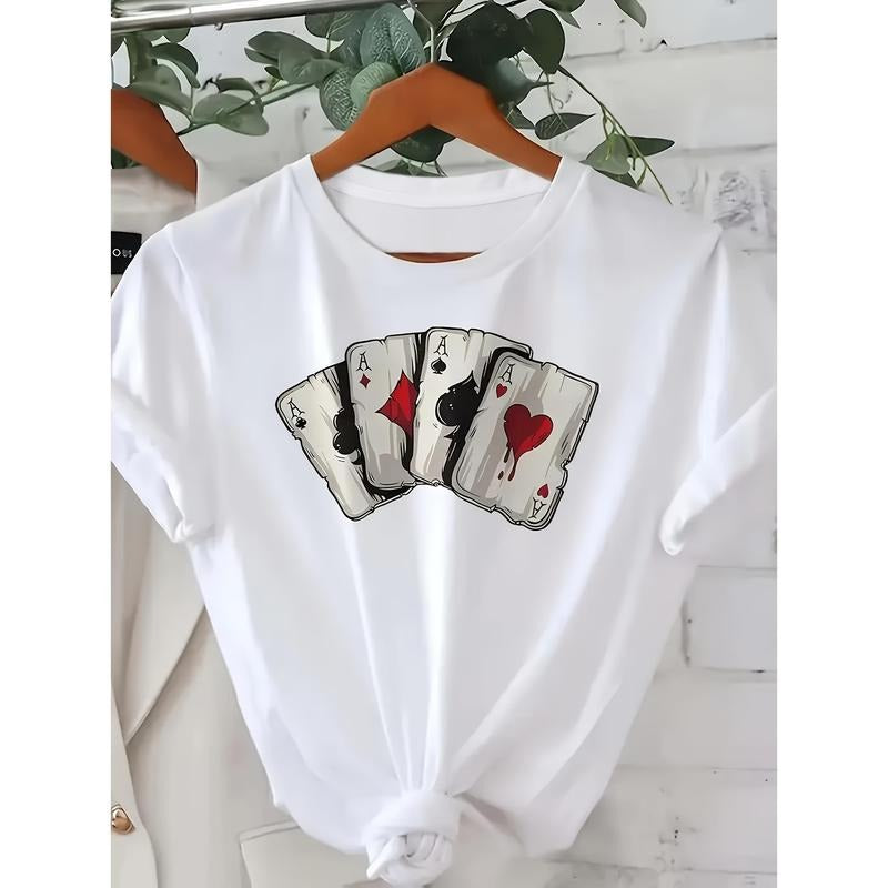 Ladies' Fashionable Poker Printed T-Shirt, Casual Round Neck Short Sleeved Top, Perfect Choice for Spring Gunpla brand...