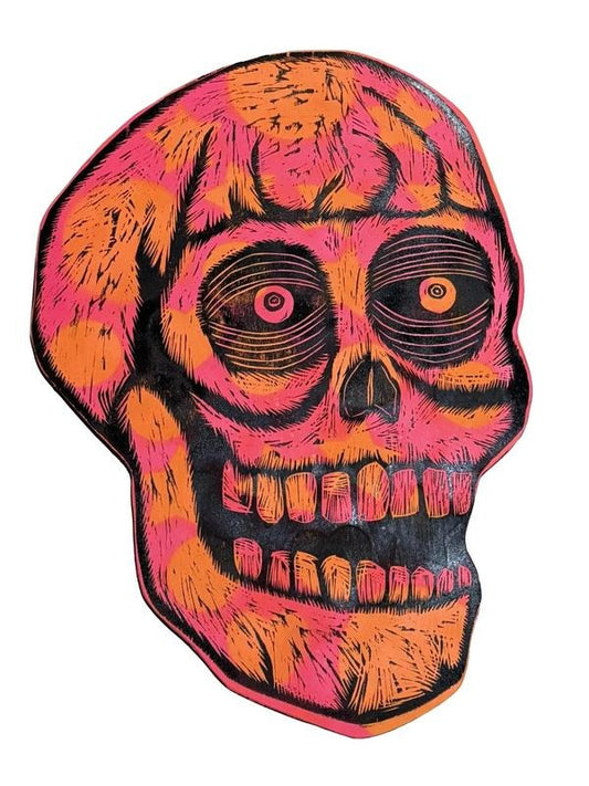 Large Skull Woodcut Printed on Painted and Shaped Wooden Panels - Unique Artwork 16" x 20" Birch Panels Hand-Cranked Etching Press Decor Wall Room Ornaments Decoration Artistic Photo