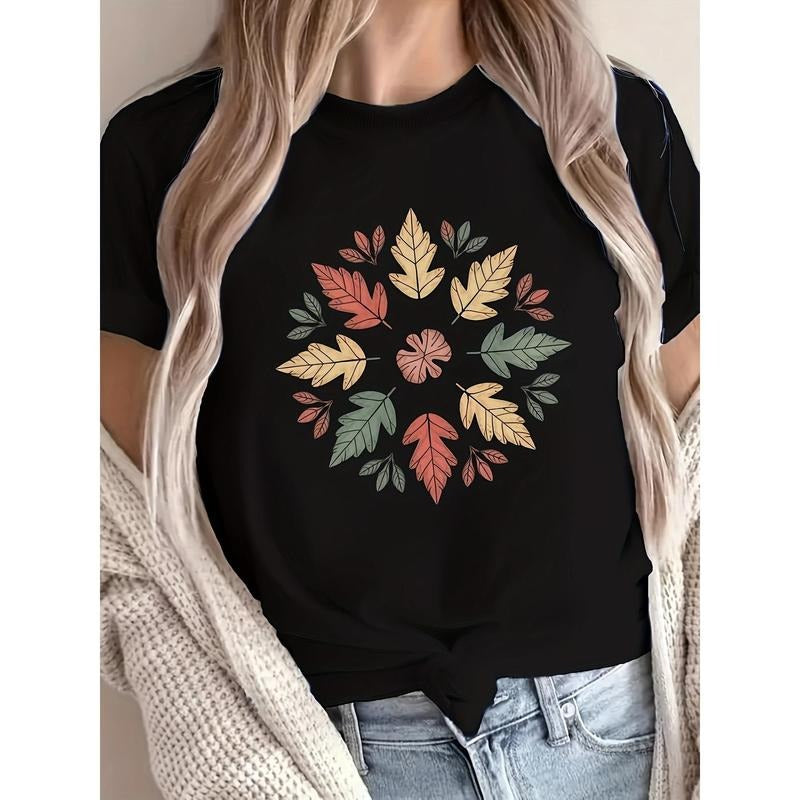 Leaf Pattern Printed Round Neck T-shirt, Spring Gunpla brand Summer Casual Short Sleeved T-shirt, Women'WB shield...