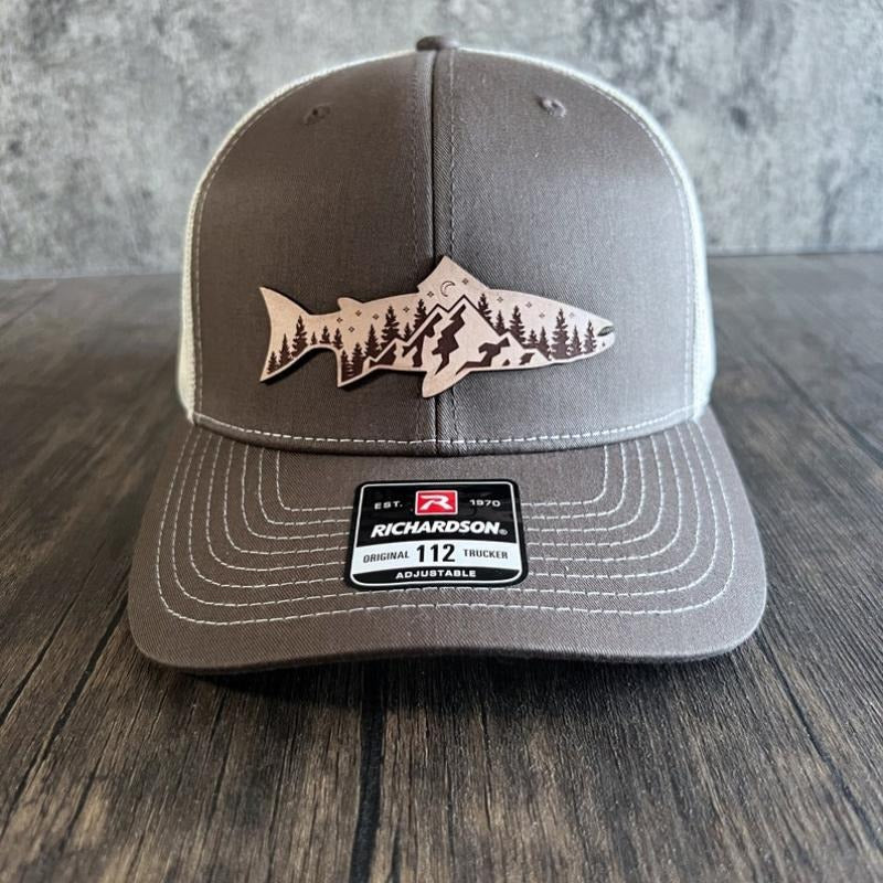 Leather Patch Mountain Fish Hat - Outdoor Hat, Gift for Him, Richardson 112 T-Shirts, Hoodie, Sweatshirt | DripVista.com