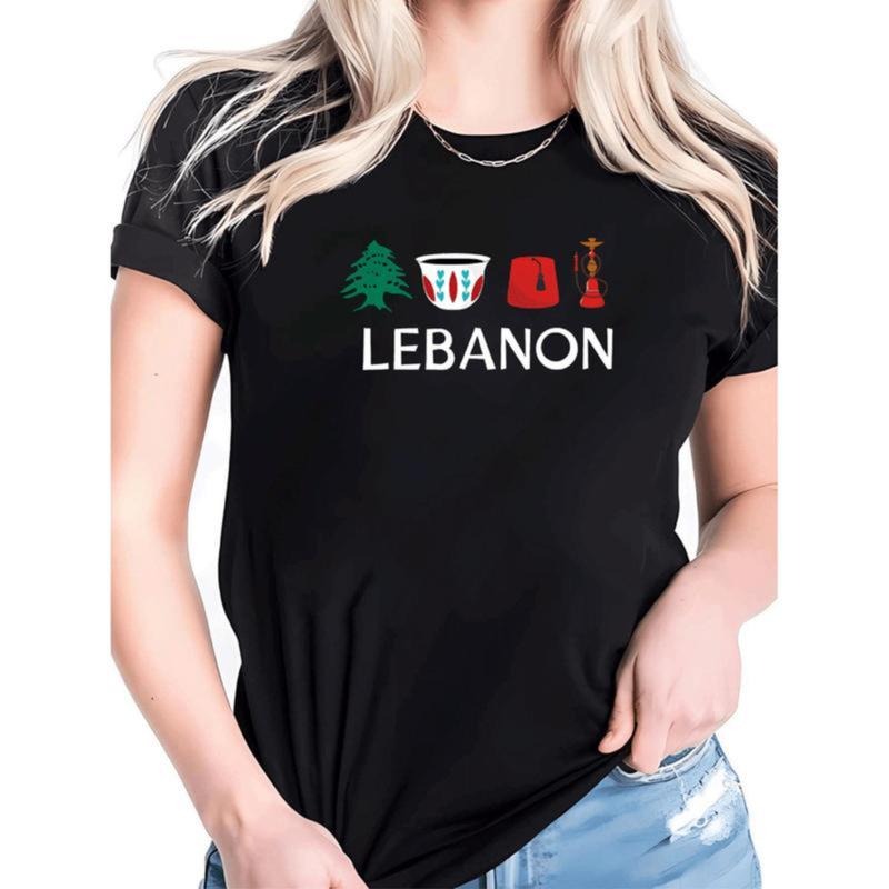 Lebanon Flag T-Shirt For Women FOG Crew Neck With Cultural Symbols Arabian Heritage Streetwear Comfortable Polyester Tee...
