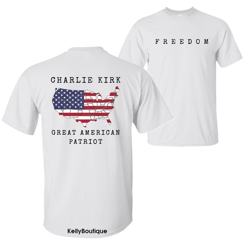 Lengends Never Die Charlie Kirk Freedom A True Patriot T-Shirt, Charlie Kirk Shot Dead at Utah College Event Tee, 2 Sided Graphic Design Unisex Cotton T-shirt for Men for Women Menswear Womenswear