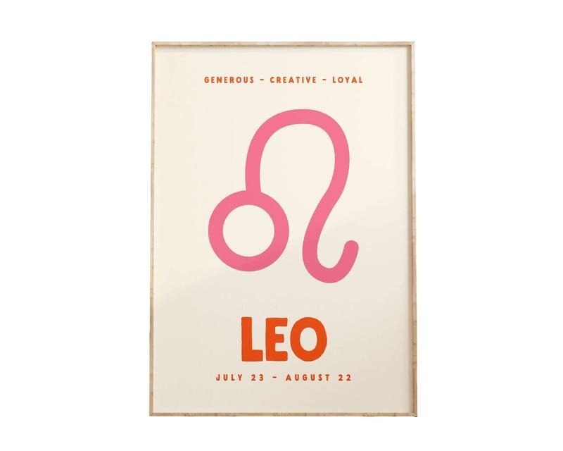 Leo Print, Zodiac Poster, Trendy Wall Art, Star Sign Print, Pink And Orange, Astrology Decor Poster Prints No Frame,...
