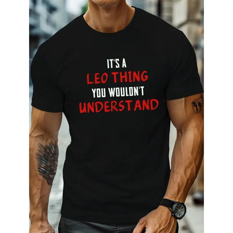 Leo Thing Print, Men's Round Crew Neck Short Sleeve Tee, Casual T-Shirt Casual Comfy Lightweight Top For Summer Made in USA