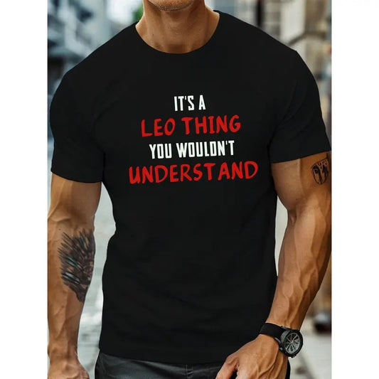 Leo Thing Print, Men's Round Crew Neck Short Sleeve Tee, Casual T-Shirt Casual Comfy Lightweight Top For Summer Made in USA