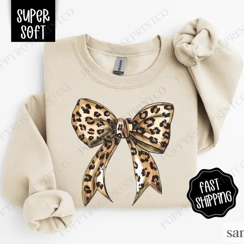 Leopard Bow Sweatshirt, Coquette Leopard Crewneck,  Women's Sweater T-Shirts, Hoodie | DripVista.com
