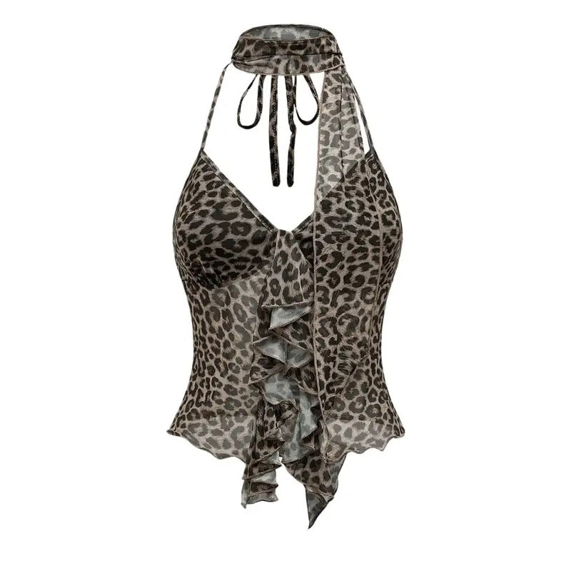 Leopard Mesh Halter Top Cheetah Animal Print Backless V Neck Sleeveless Cami Going Out Tops Sheer T-Shirts, Hoodie,...
