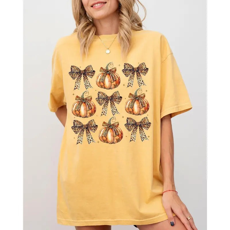 Leopard Print Pumpkins, Coquette Ribbons and Bows, Halloween, Autumn, Fall Shirt, Women's Comfort Color Tee, Tshirt...
