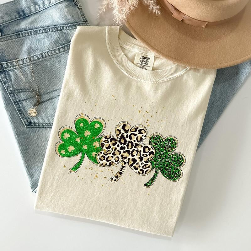 Leopard Print Shamrocks, St Patrick's Day Comfort Colors Tshirt, Women's Crew Neck, Crewneck Hoodie, Sweatshirt