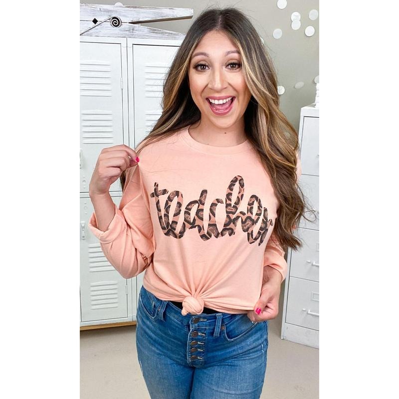 Leopard Script Teacher Graphic Boyfriend Long Sleeve T-Shirt Hoodie, Sweatshirt | DripVista.com