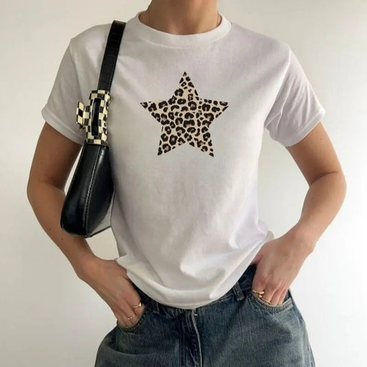 Leopard print star baby tee, animal print babytee, trendy y2k baby tee Fit Streetwear
