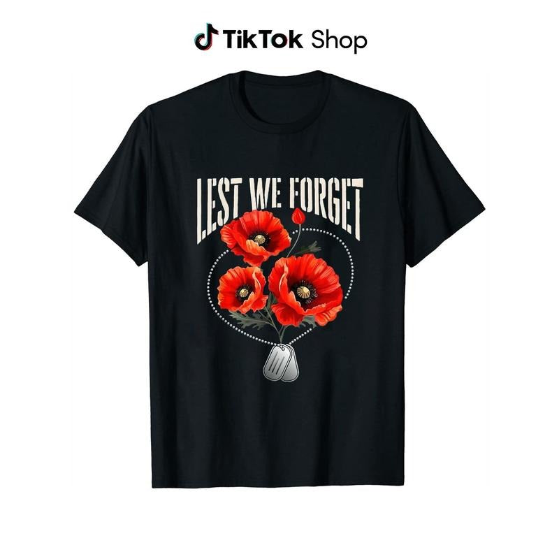 Lest We Forget Red Poppy Flower Veteran'WB shield Memorial Day T-Shirt Black Hoodie, Sweatshirt | DripVista.com