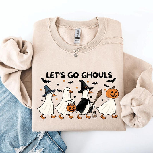 Let's Go Ghouls, Funny Geese, Goose, Halloween, Witch Sweatshirt, Spooky, Witch, Pumpkin, Halloween, Crew Neck, Women's, Crewneck