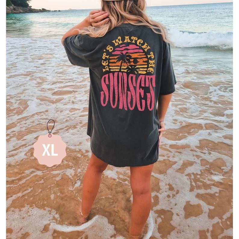 Lets Watch The Sunset Cute Beach Shirt Summer Graphic Tee Trendy Womens Tee Cute Summer Tops Coconut Girl Y2k Aesthetic Beach